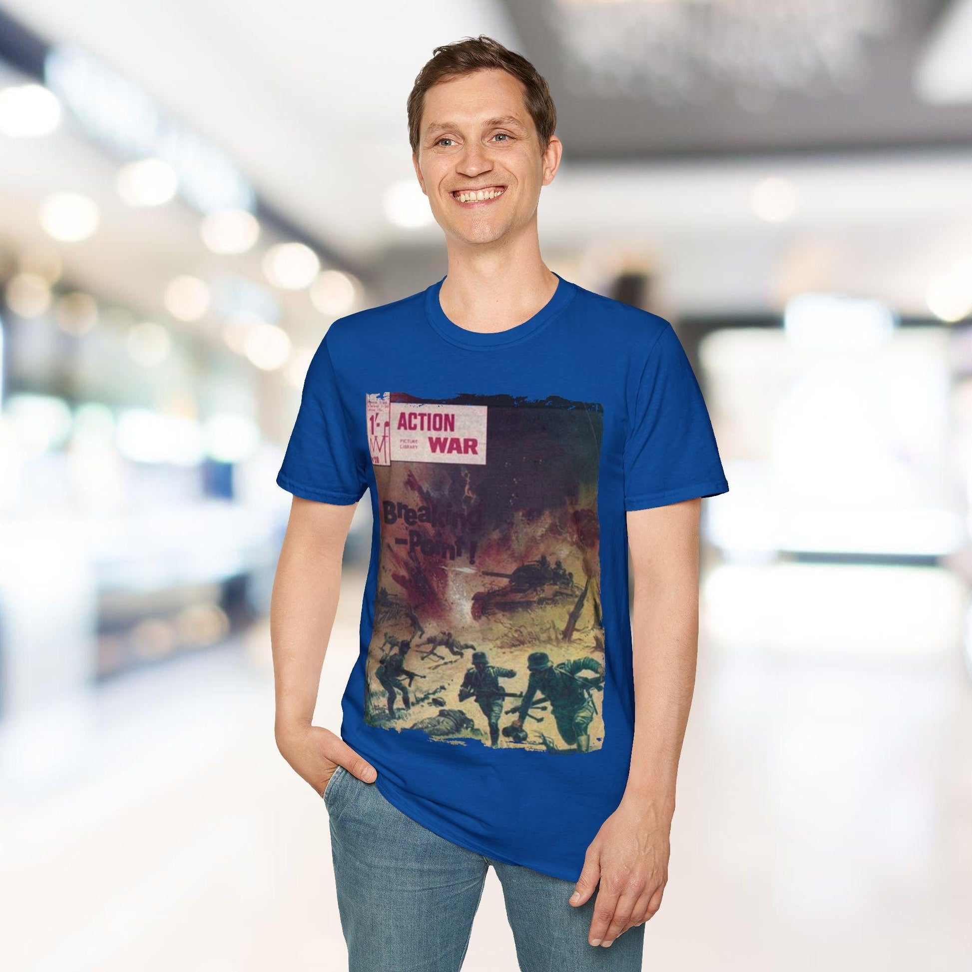 Close-up of the unisex softstyle T-shirt’s crew neckline and subtle stitching detail in vibrant crimson color, highlighting