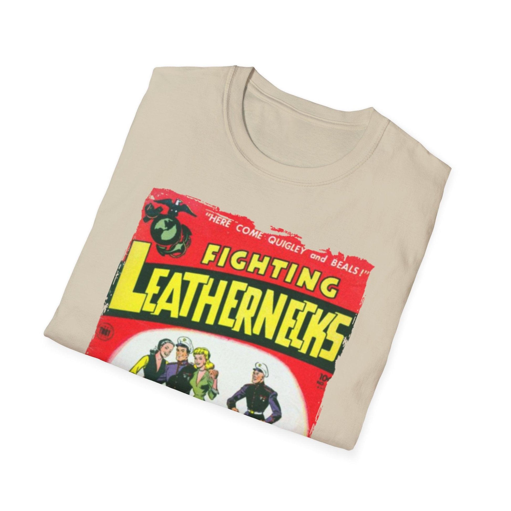 Close-up of the unisex softstyle T-shirt's collar featuring reinforced stitching and subtle logo embroidery on black fabric.