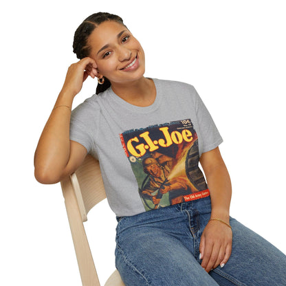 Close-up of the G.I. Joe No.19 unisex softstyle T-shirt’s front neckline showing smooth stitching and subtle fabric texture