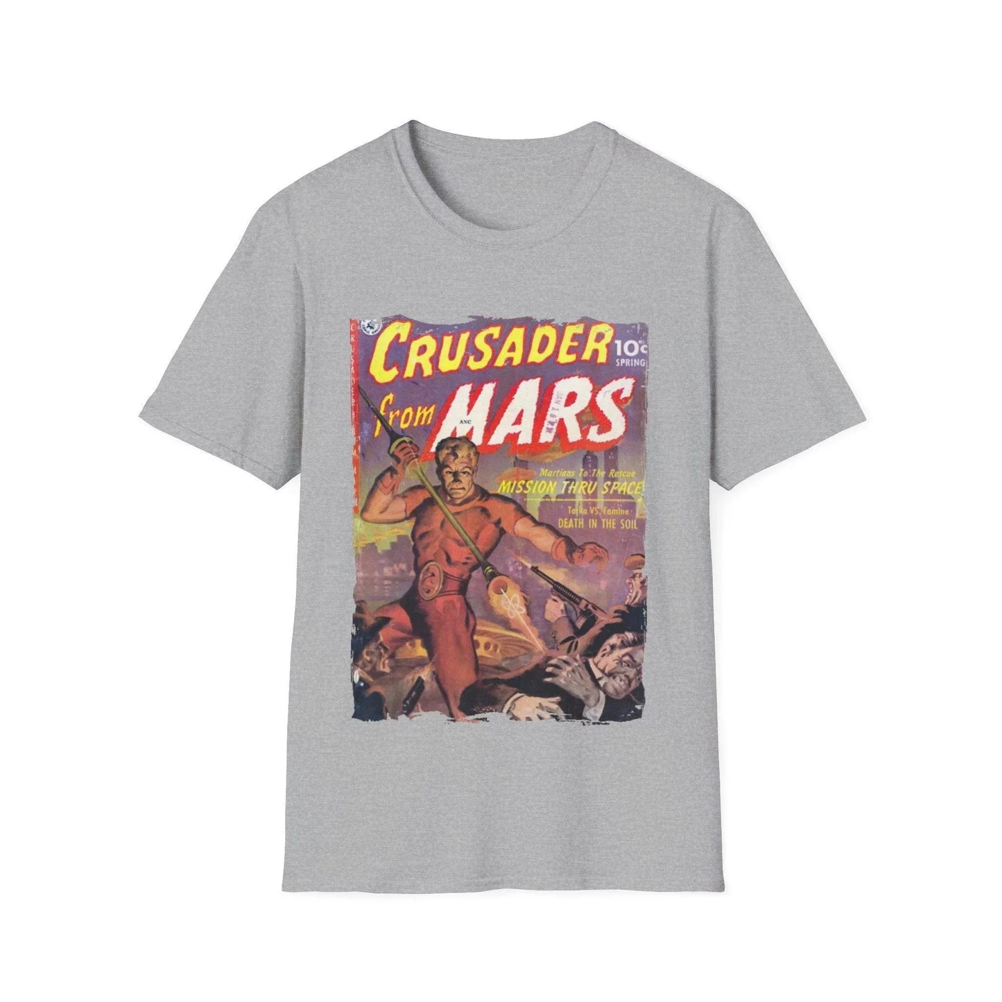 Close-up of Crusader from Mars graphic on the chest with vibrant print detail and smooth cotton fabric texture