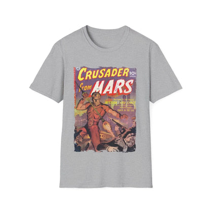 Close-up of Crusader from Mars graphic on the chest with vibrant print detail and smooth cotton fabric texture