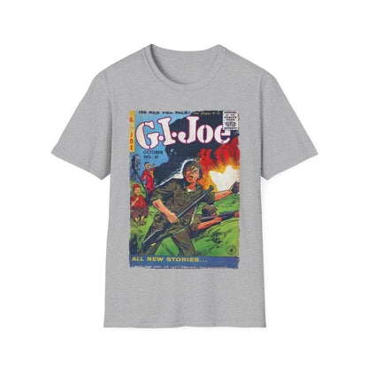 Close-up of the G.I. Joe No.41 unisex softstyle tee’s navy color, showing smooth fabric texture and reinforced