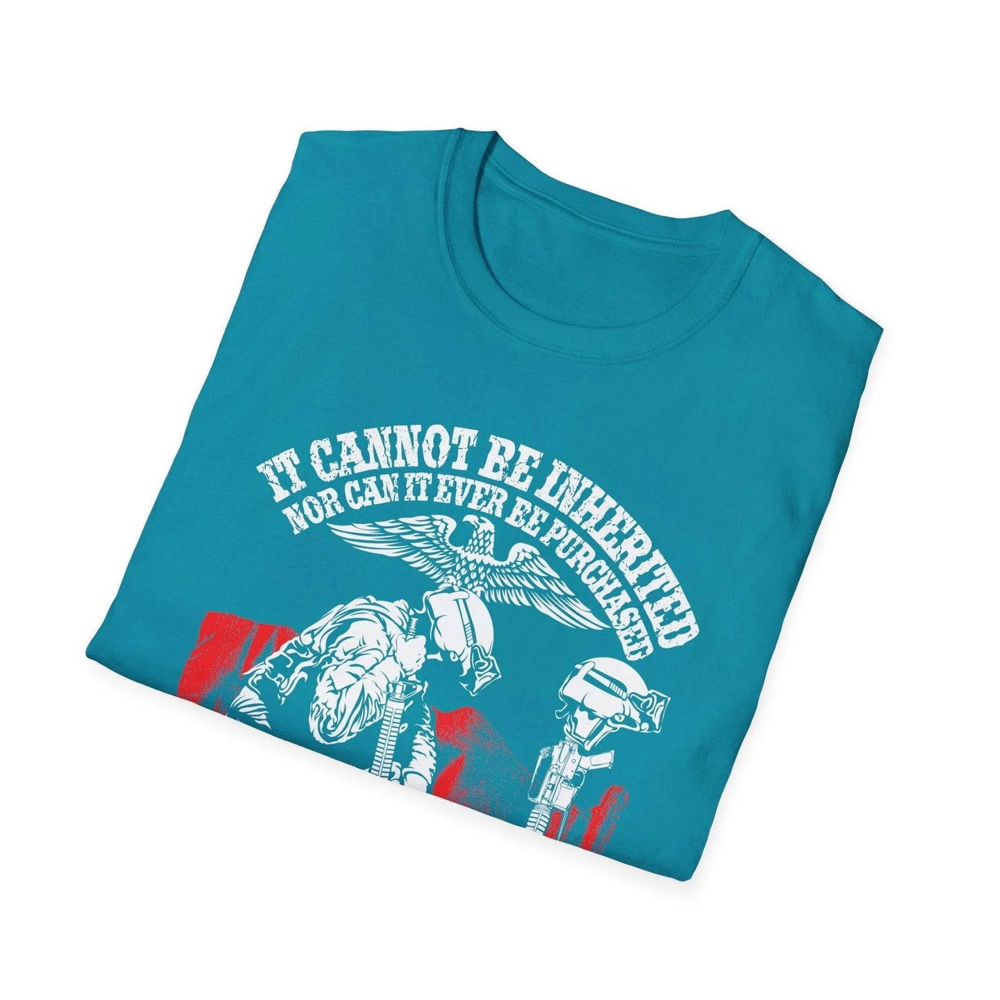 Close-up of the unisex softstyle T-shirt's relaxed fit, showing the smooth fabric texture and vibrant teal color from a