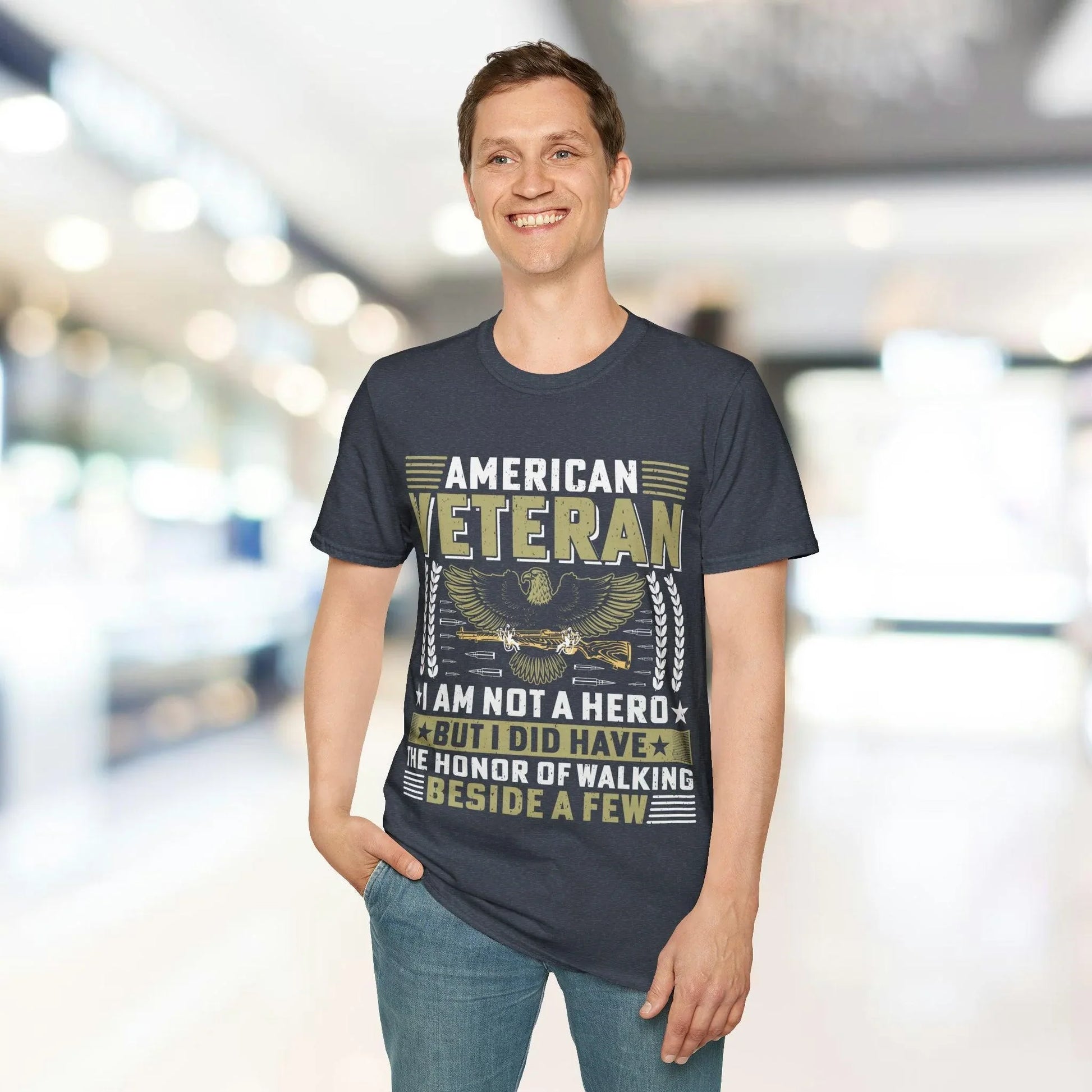 Close-up of the unisex softstyle T-shirt's collar and shoulder stitching, highlighting the relaxed fit and creamy white