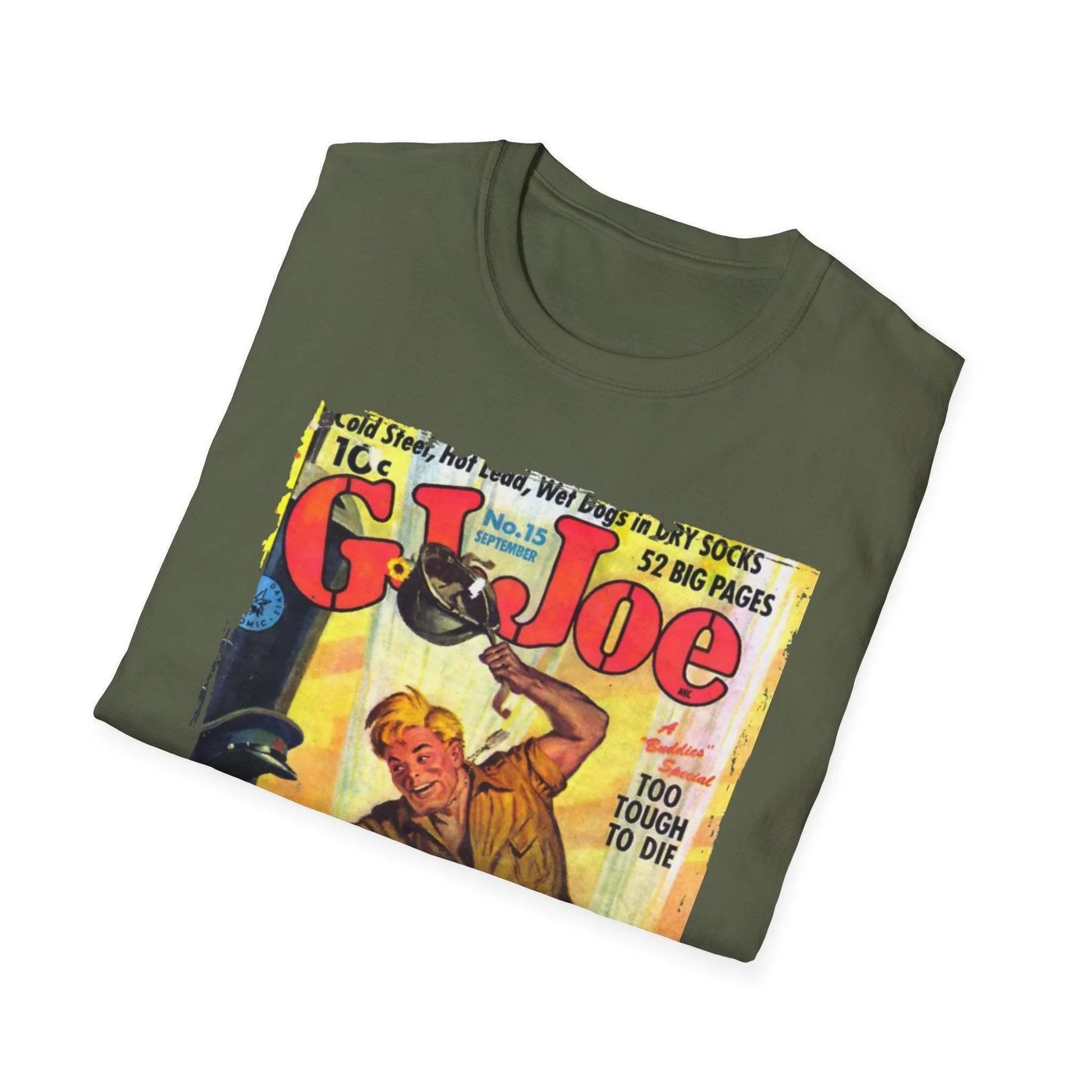 Close-up of the G.I. Joe No.15 softstyle T-shirt's relaxed fit hem in vibrant olive green fabric showing subtle stitching