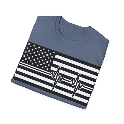 Close-up of the unisex softstyle T-shirt fabric displaying the crisp black-and-white American flag heartbeat print from a