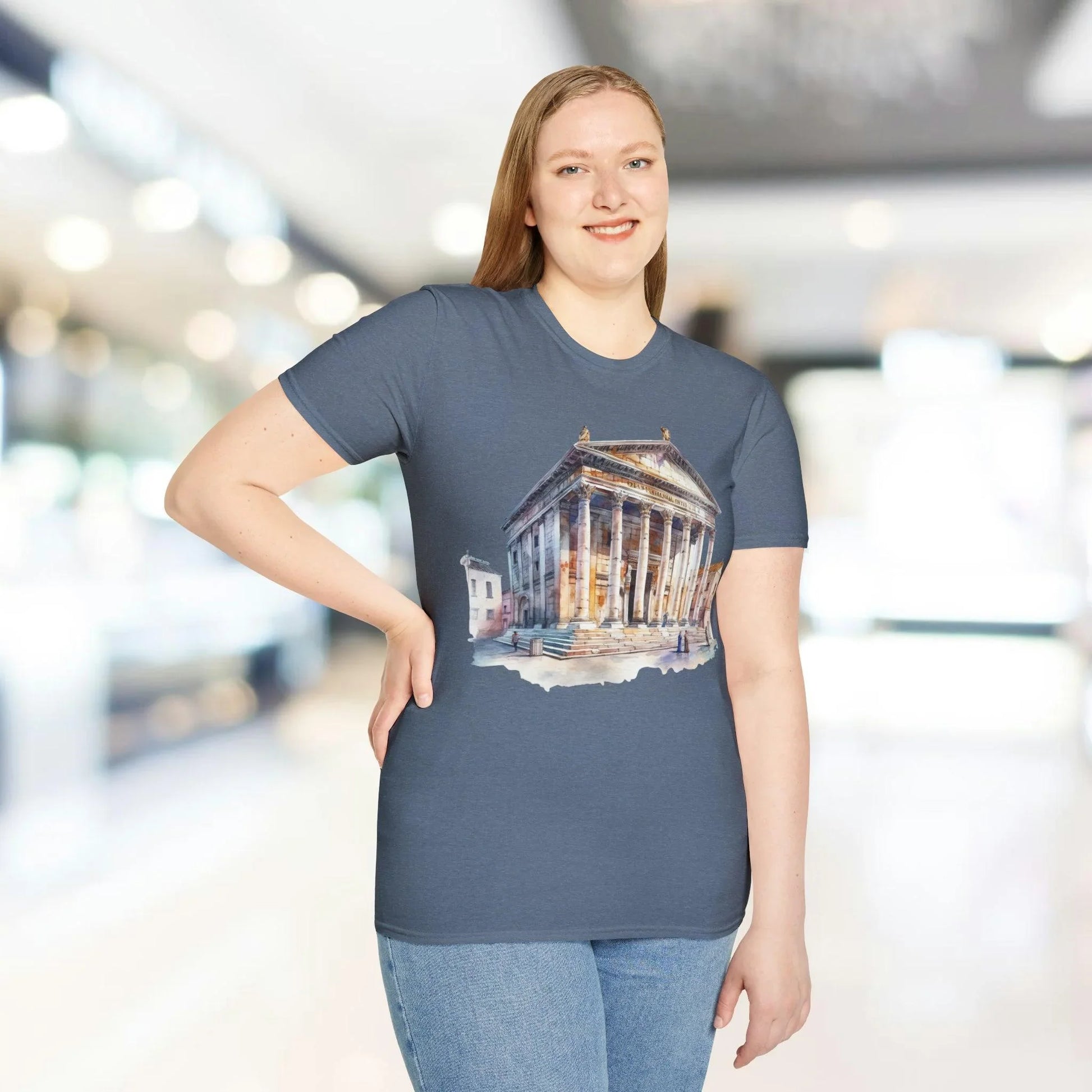 Front chest detail showing the Ancient Bldg 2 logo printed on the unisex softstyle T-shirt's relaxed fit, in olive green