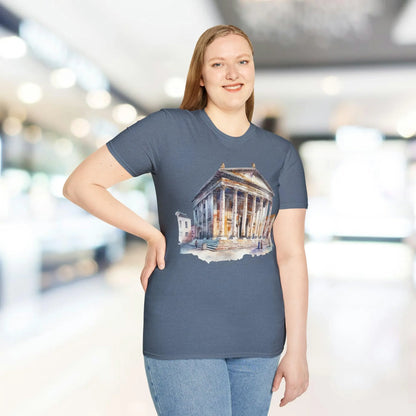 Front chest detail showing the Ancient Bldg 2 logo printed on the unisex softstyle T-shirt's relaxed fit, in olive green