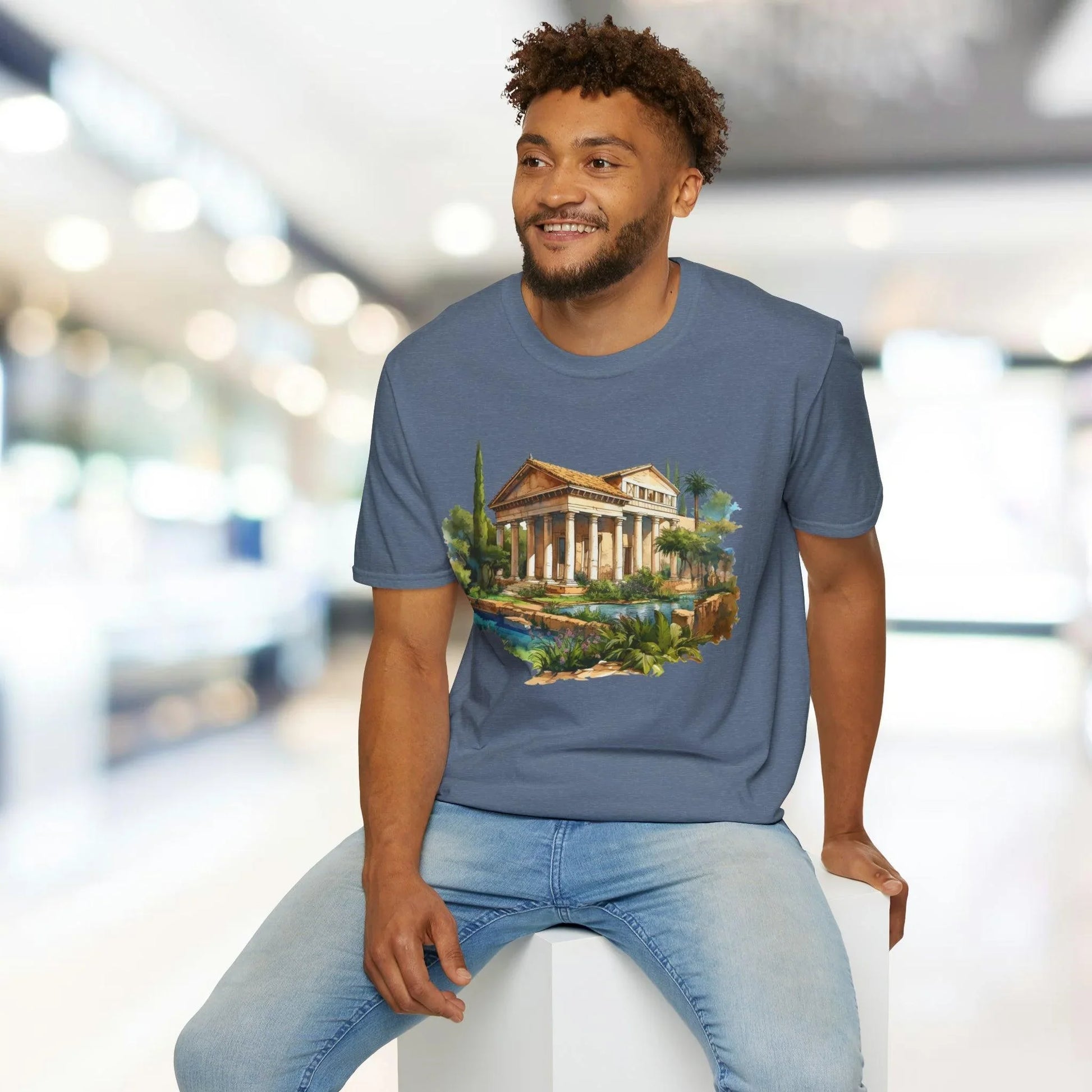 Close-up of the unisex softstyle T-shirt’s fabric texture highlighting the smooth, relaxed fit in deep charcoal color from a