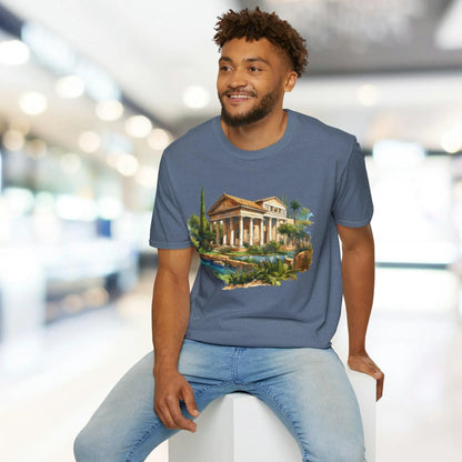 Close-up of the unisex softstyle T-shirt’s fabric texture highlighting the smooth, relaxed fit in deep charcoal color from a