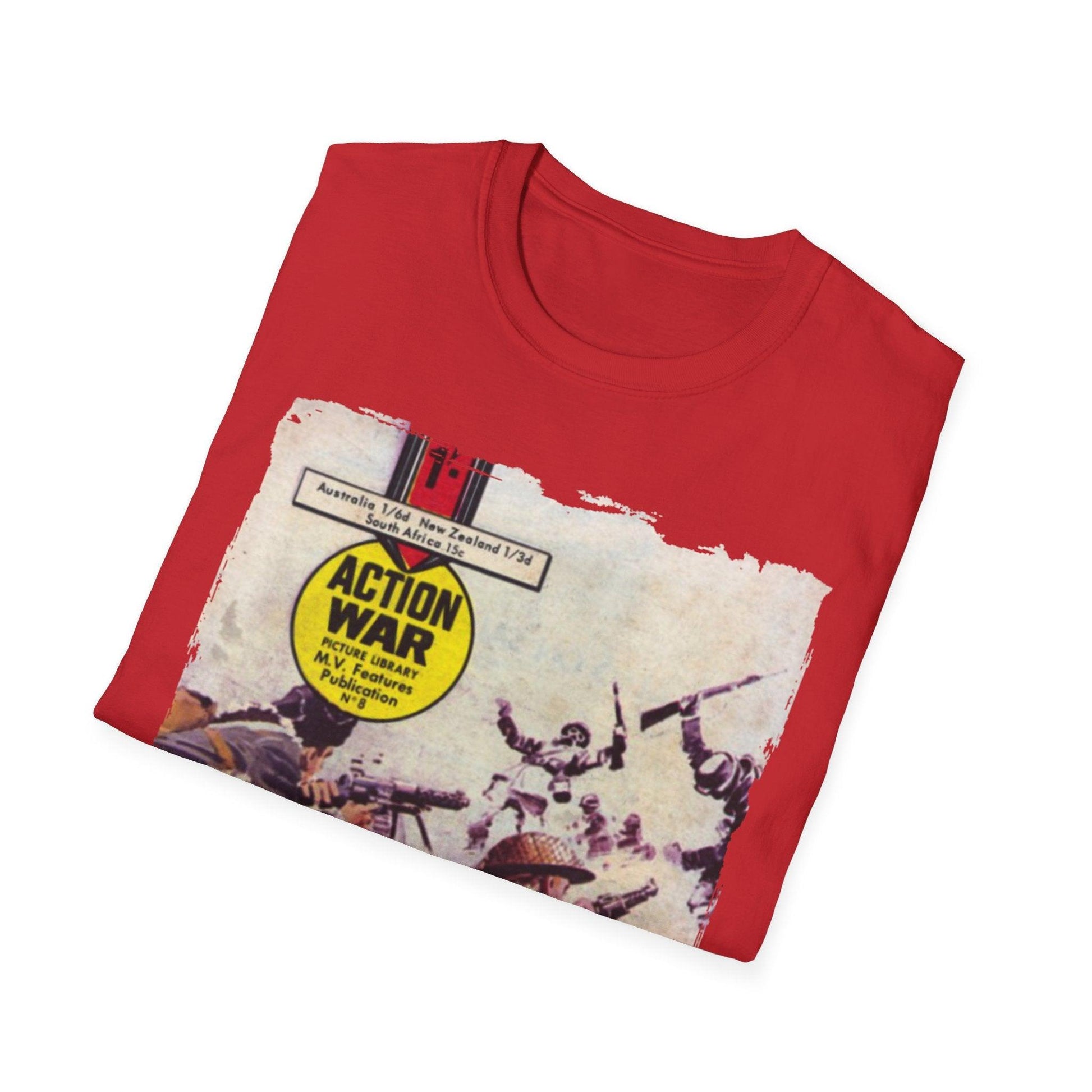 Close-up of the unisex softstyle T-shirt's relaxed fit and charcoal gray color detail from a slightly elevated angle.