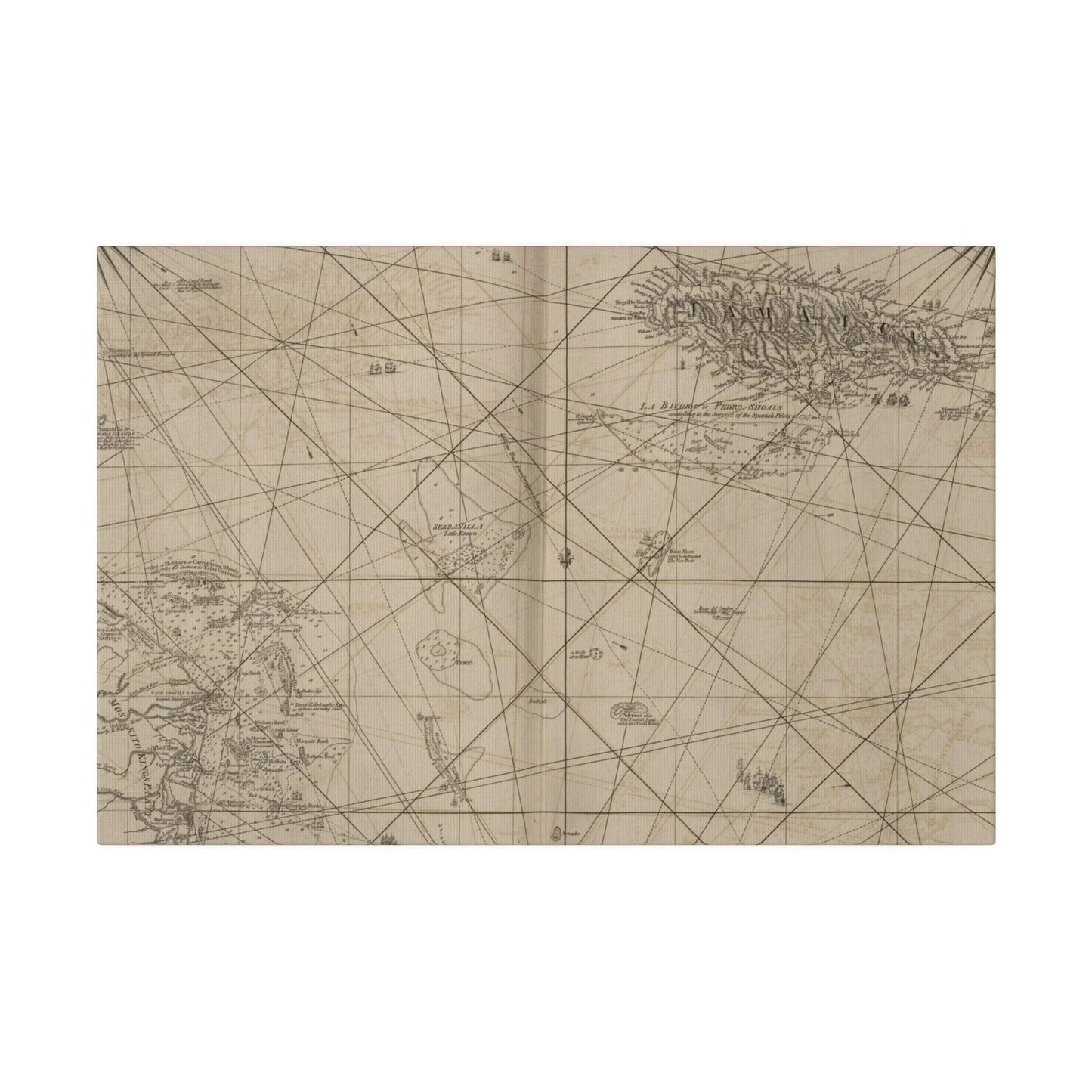 Close-up of detailed map labels and vibrant color gradients highlighting Jamaica and Cape Gracias a Rios on the canvas.