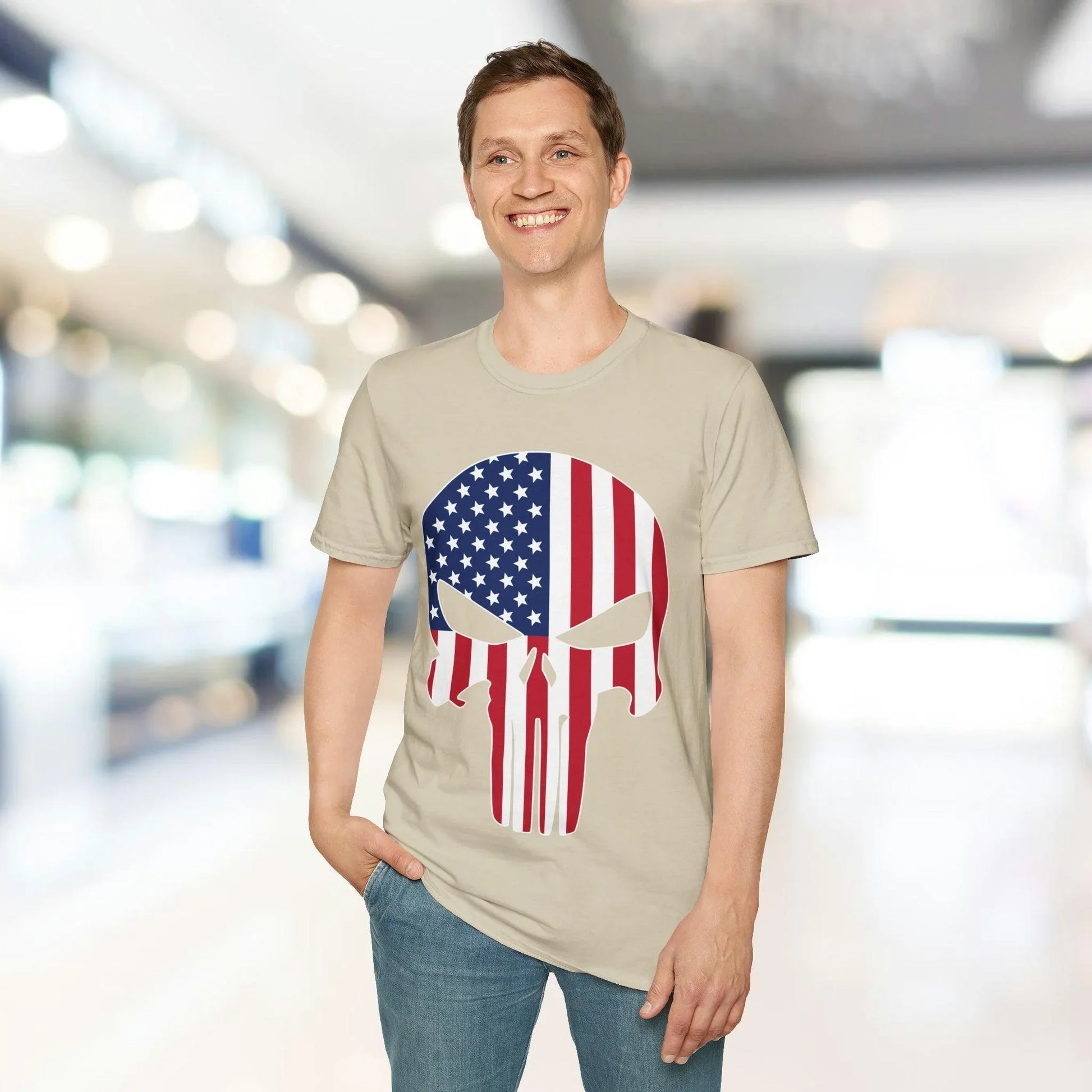 Close-up of the American Skull Flag graphic on the chest area of the unisex softstyle T-shirt, showcasing vibrant colors and