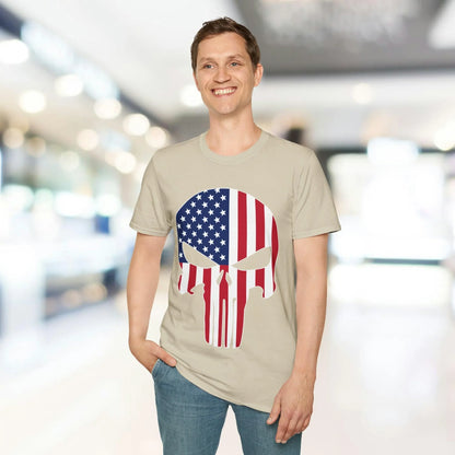 Close-up of the American Skull Flag graphic on the chest area of the unisex softstyle T-shirt, showcasing vibrant colors and
