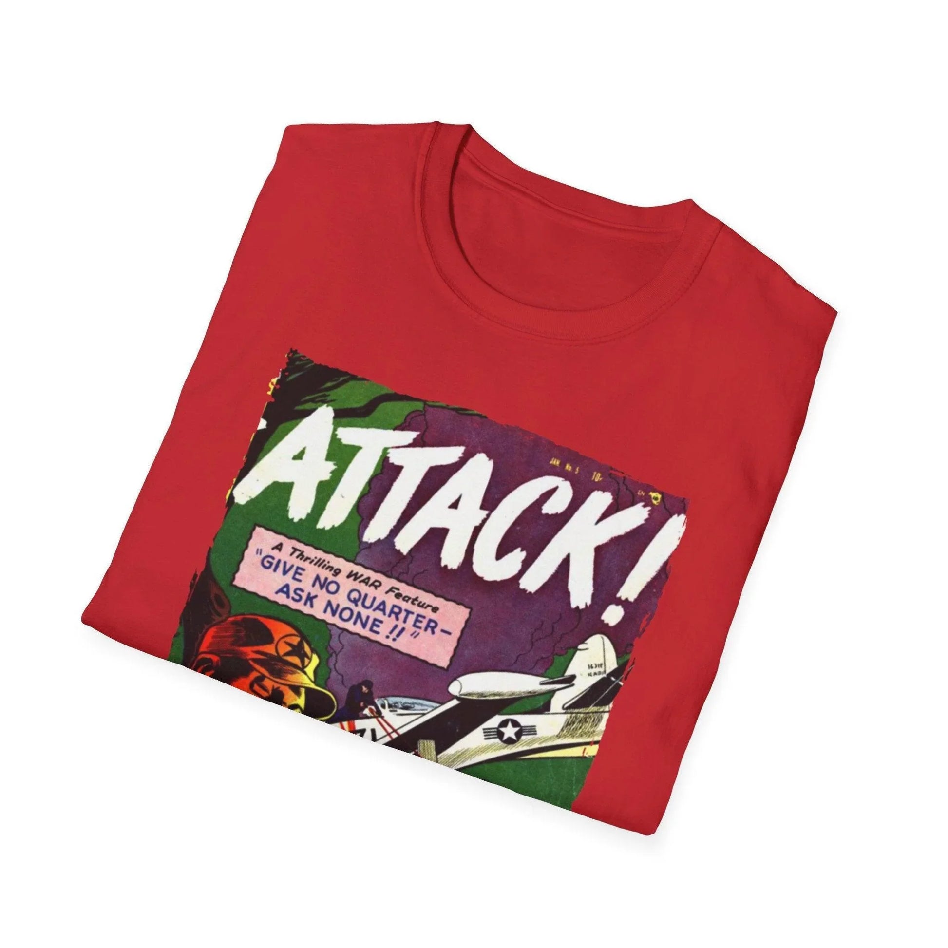Close-up of the Attack! No. 5 unisex softstyle T-shirt collar displaying double-stitched neckline and smooth fabric texture
