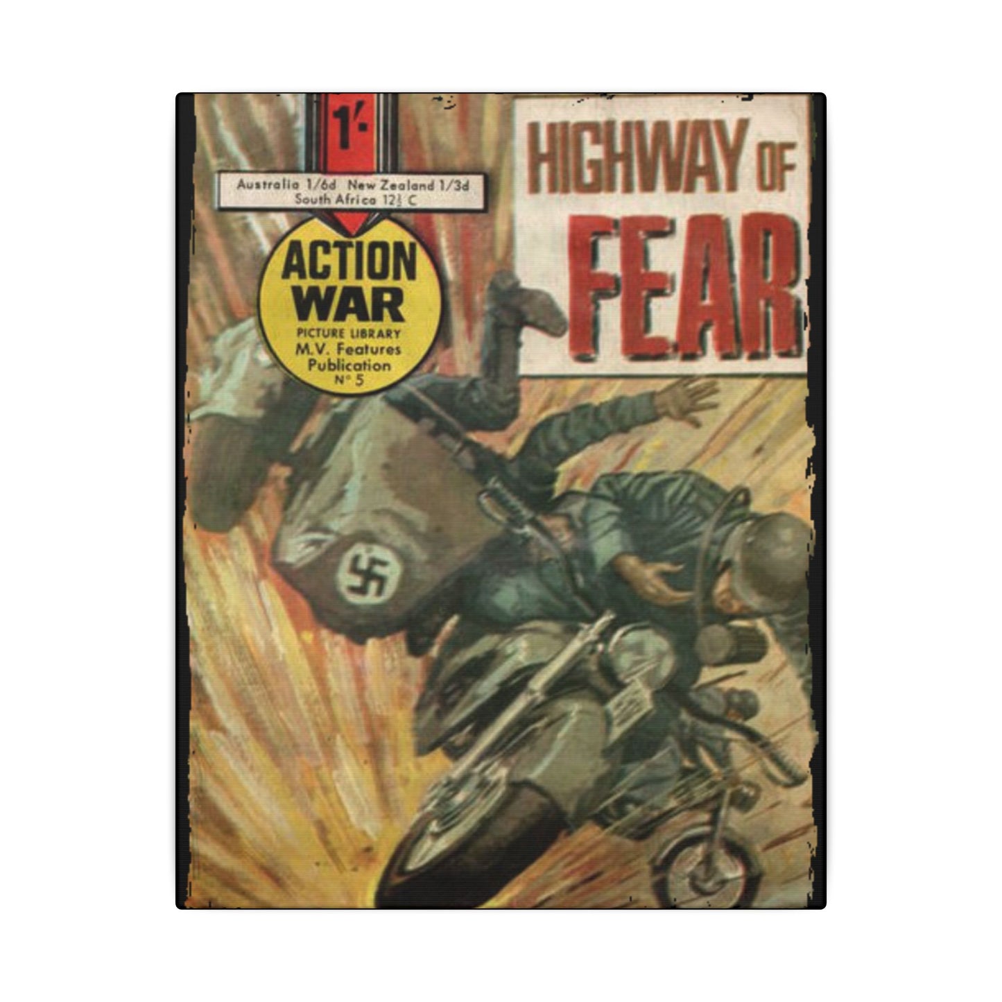 Close-up of the textured canvas surface of Action War #5 with visible brushstroke details and subtle color variations in a