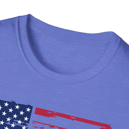 Close-up of distressed American flag pattern on soft cotton fabric, highlighting vibrant colors and worn, vintage-inspired