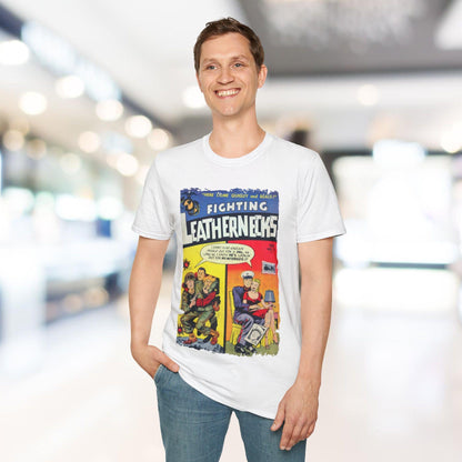 Close-up of the unisex softstyle T-shirt collar showcasing smooth neckline stitching and subtle fabric texture in deep navy