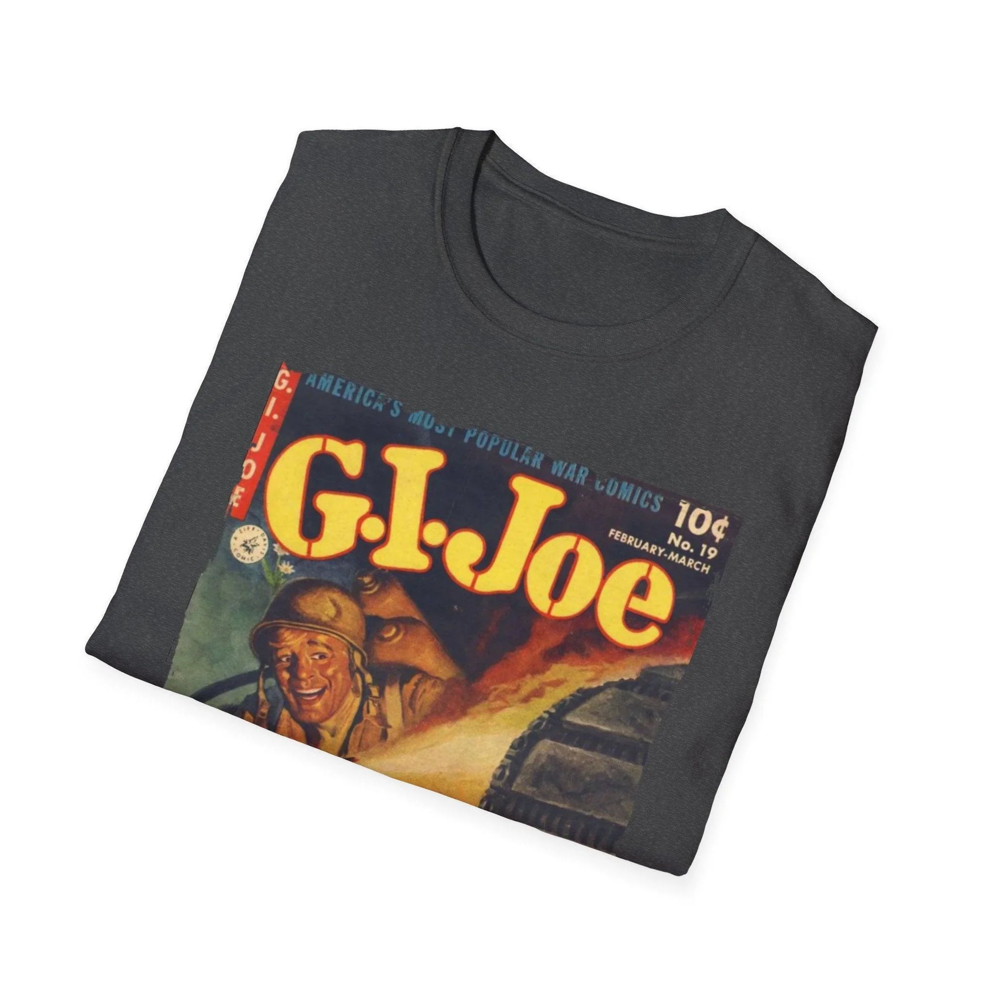 Close-up of the G.I. Joe No.19 softstyle T-shirt's neck tag and reinforced stitching on relaxed fit, showcasing fabric