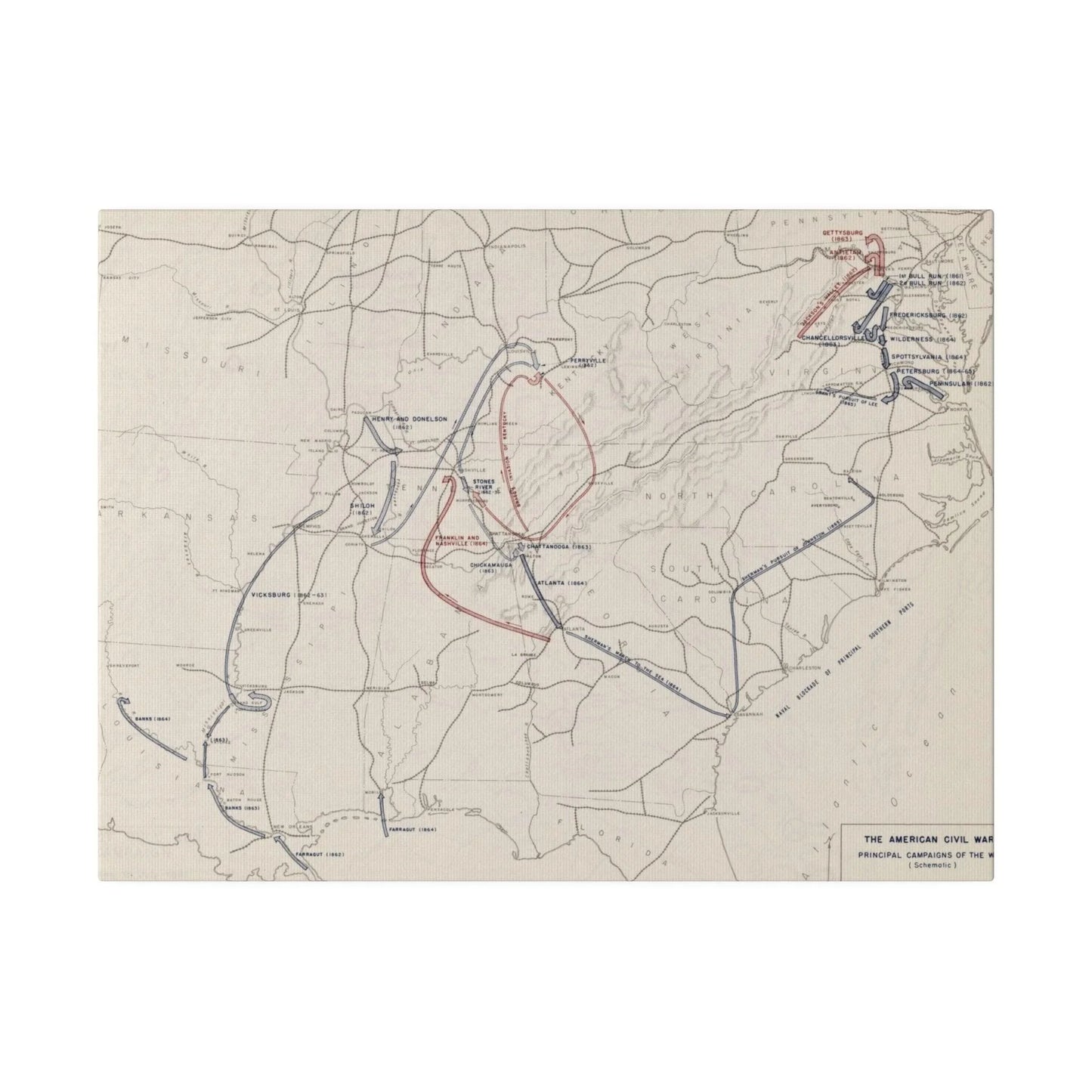 Close-up of worn canvas texture and faded historical map detail on the 1861-1865 Civil War operations print.