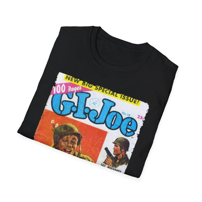 Close-up of the G.I. Joe No.18 unisex softstyle T-shirt neckline displaying the sewn-in label and smooth fabric texture in