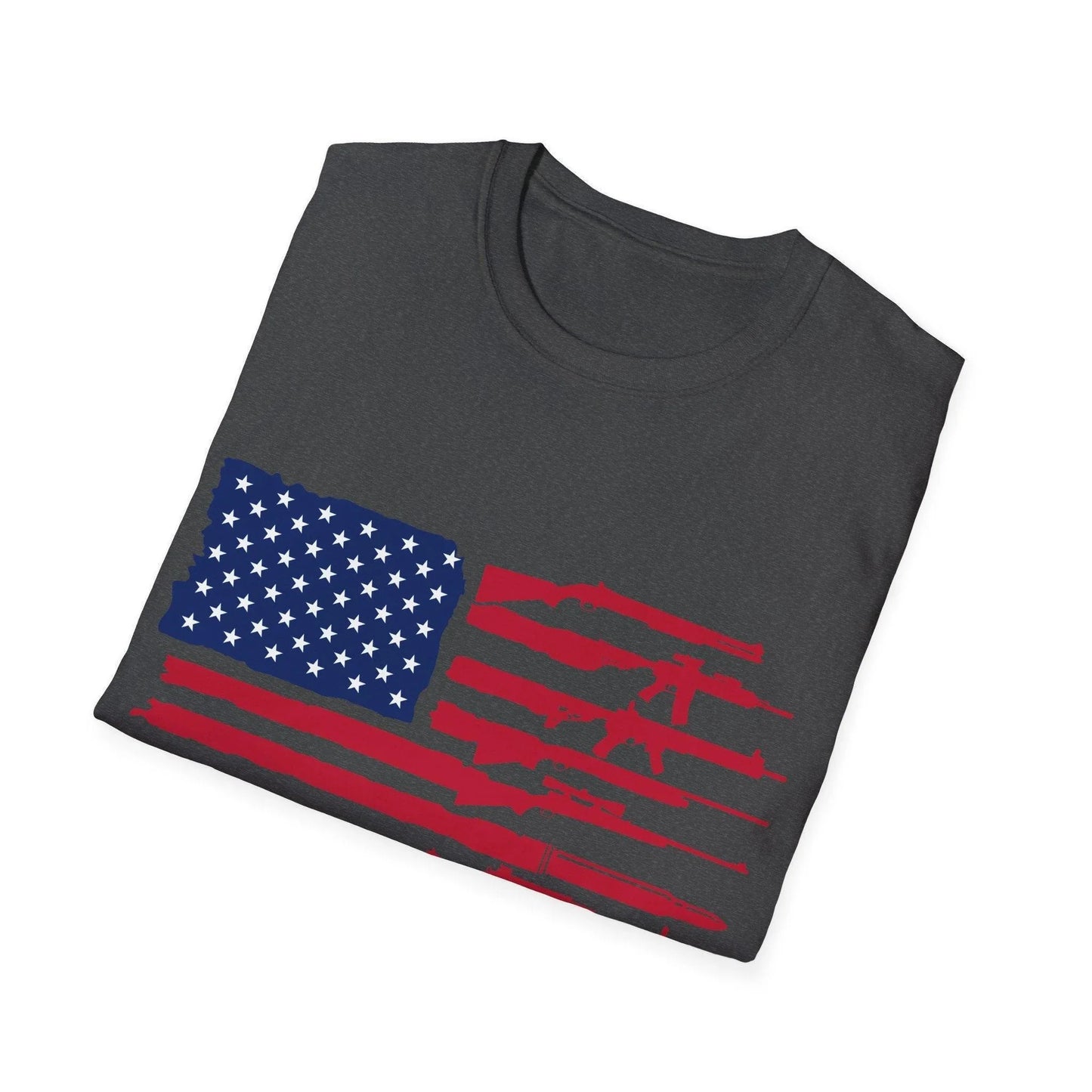 Close-up of the American flag guns graphic on the chest of the unisex softstyle T-shirt, showcasing vibrant print details