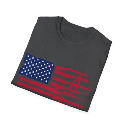 Close-up of the American flag guns graphic on the chest of the unisex softstyle T-shirt, showcasing vibrant print details