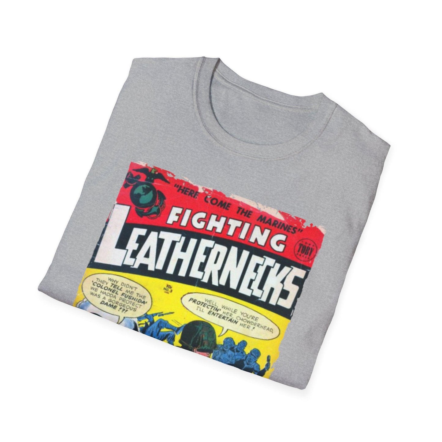 Close-up of the unisex softstyle fabric tag and stitching detail on the chest pocket of the Fighting Leathernecks #3 T-shirt