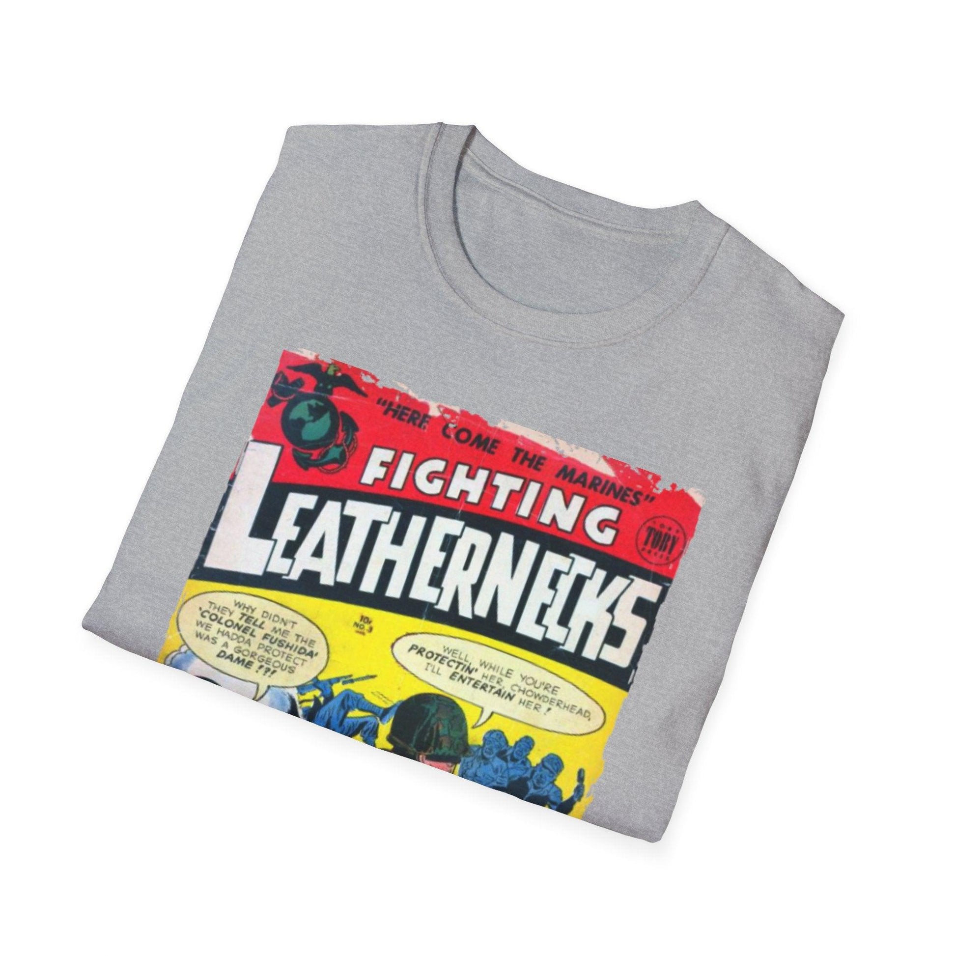 Close-up of the unisex softstyle fabric tag and stitching detail on the chest pocket of the Fighting Leathernecks #3 T-shirt