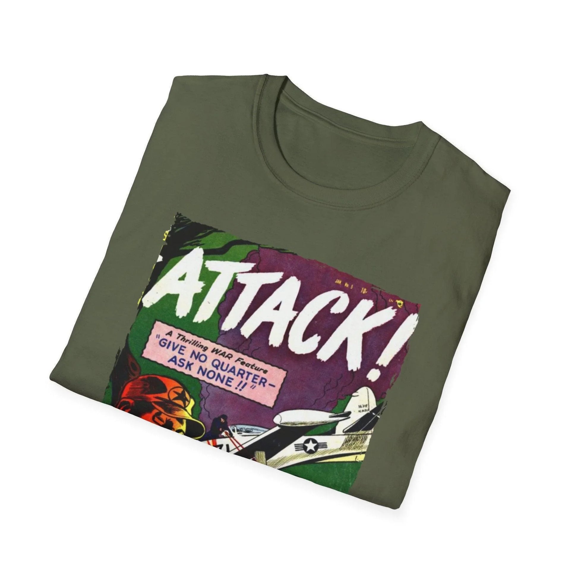 Close-up of the Attack! No. 5 softstyle T-shirt neckline detail revealing double-stitched crew neck and vibrant teal fabric