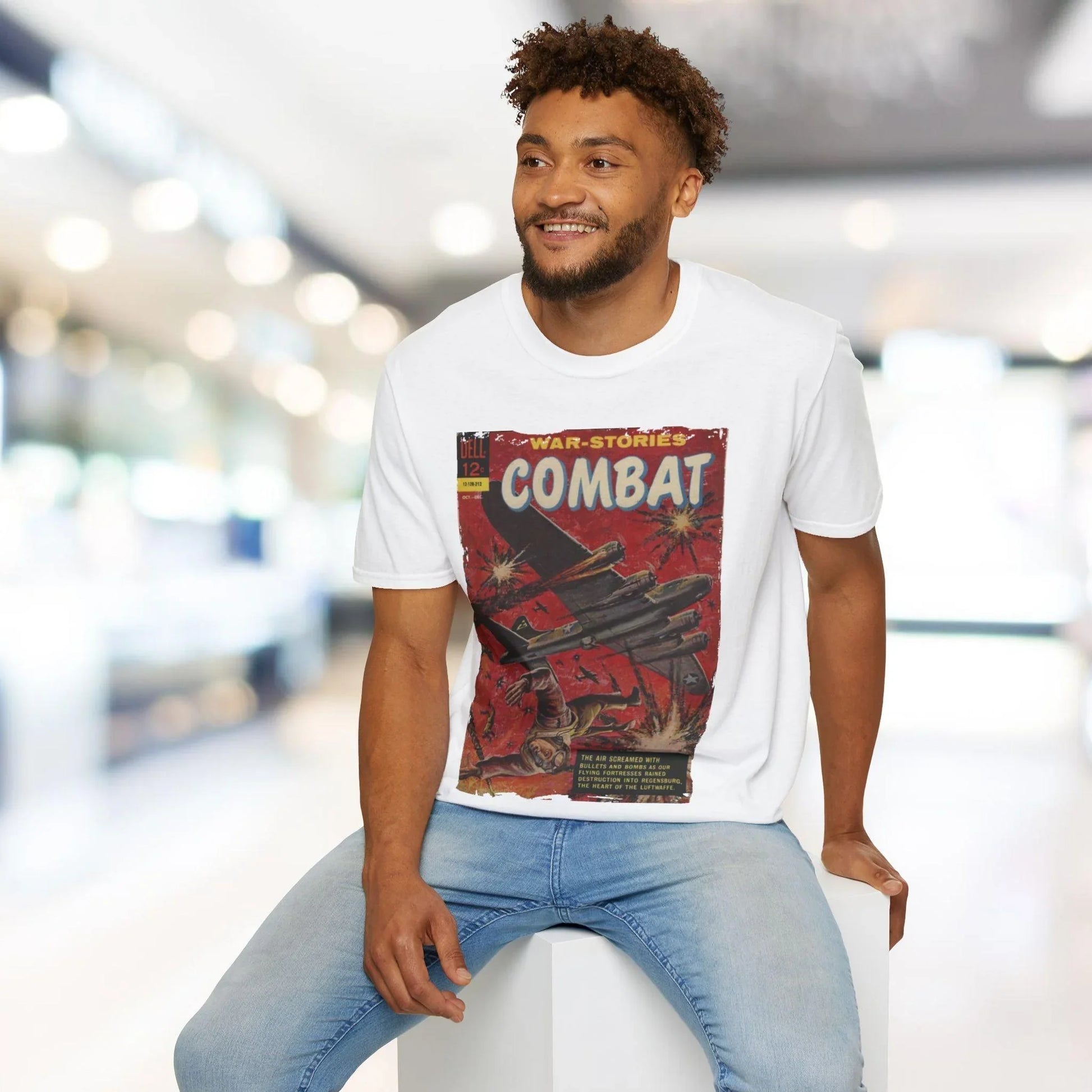 Close-up of the Combat Dec 1962 unisex softstyle T-shirt’s collar and stitching detail in deep navy color on a flat lay.