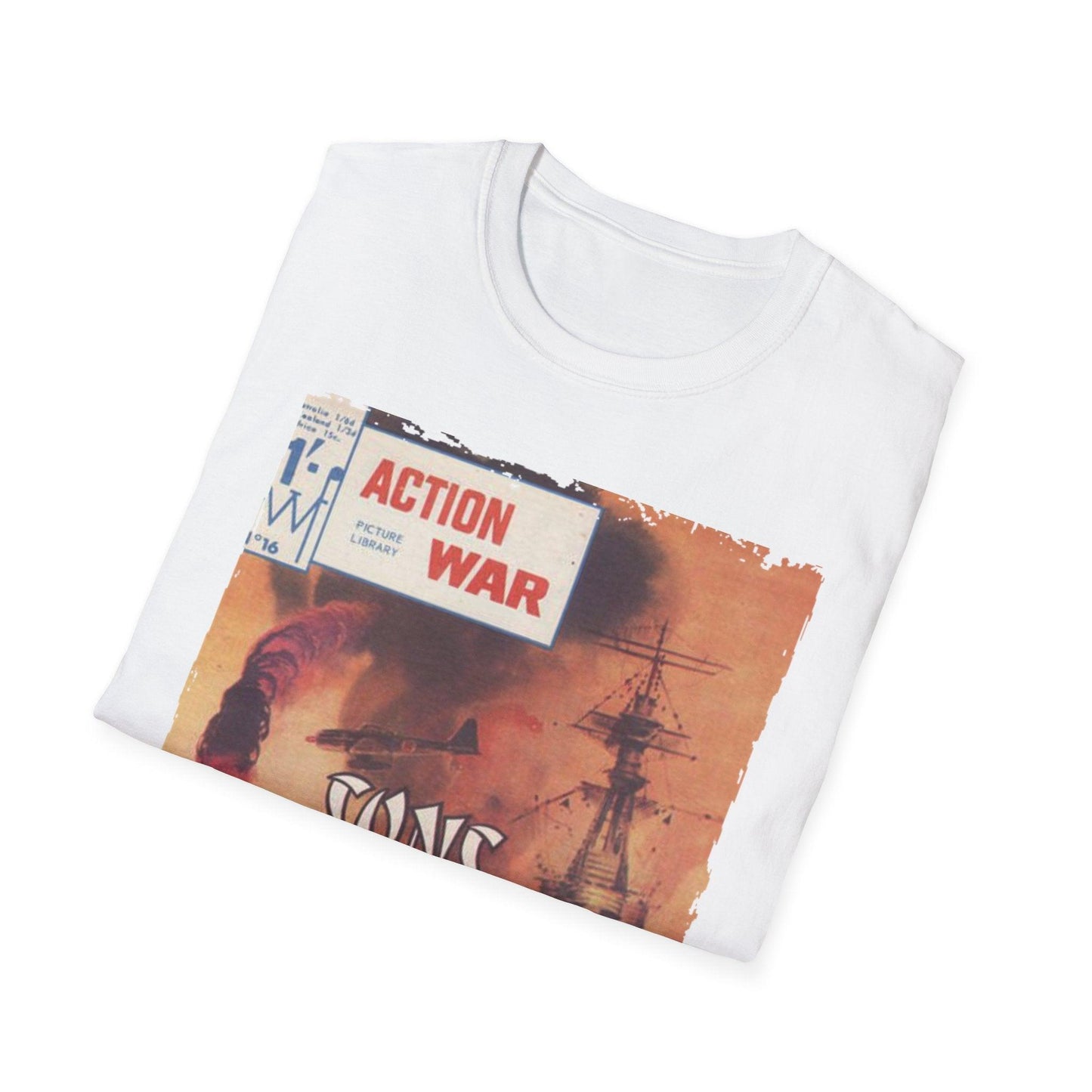 Close-up of the unisex softstyle fabric showing smooth, heathered texture in charcoal gray with a glimpse of the crew