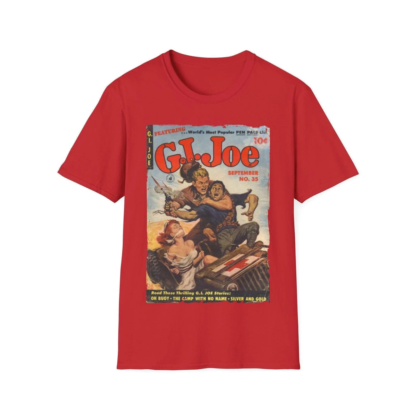 Close-up of the G.I. Joe No.35 softstyle T-shirt fabric showing smooth cotton-blend texture and seamless neckline detail