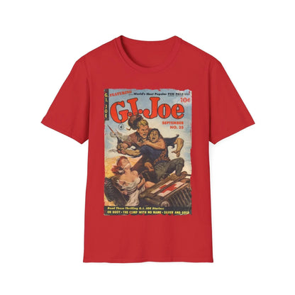Close-up of the G.I. Joe No.35 softstyle T-shirt fabric showing smooth cotton-blend texture and seamless neckline detail