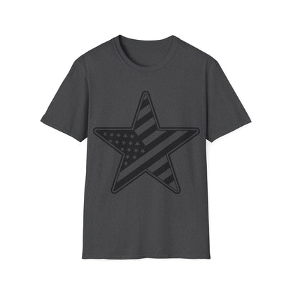 Close-up of black and white American flag star graphic on fabric, highlighting crisp print detail on the front of the unisex