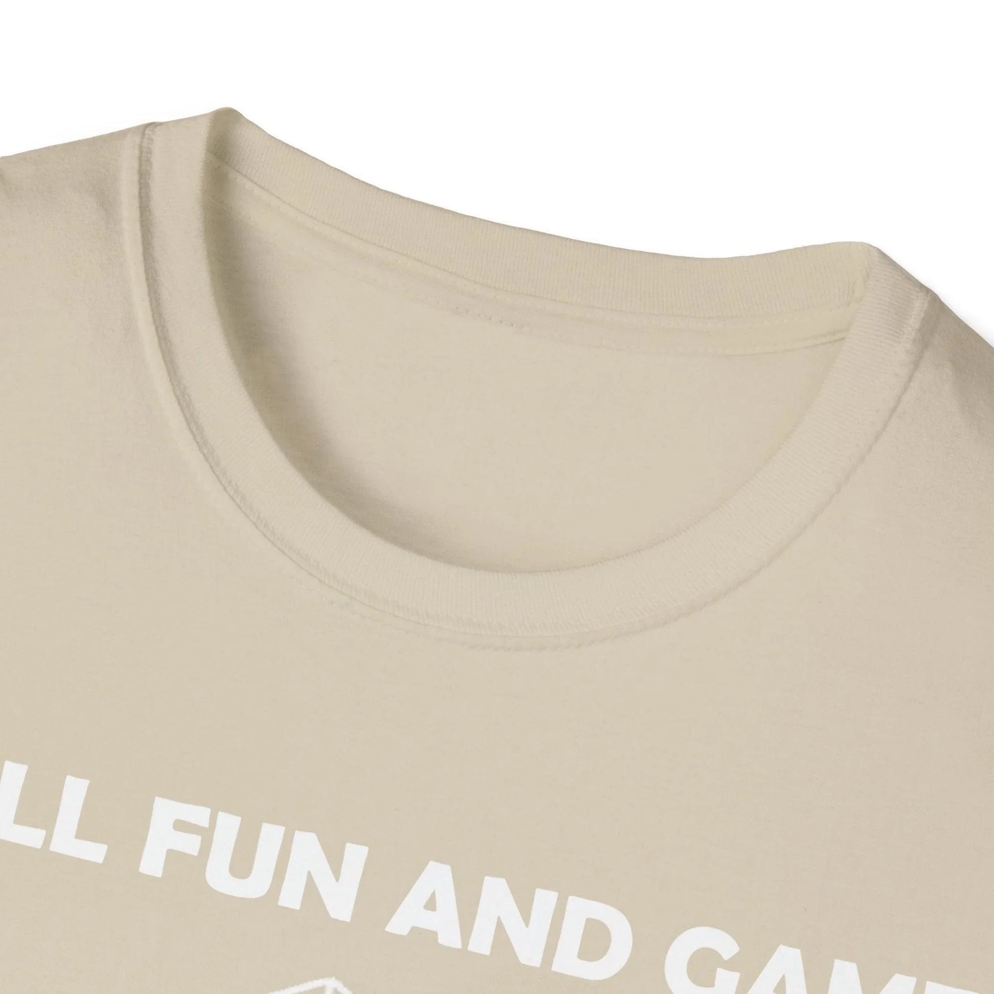 Close-up of the white unisex softstyle fabric showing subtle texture and reinforced double-stitched neckline detail.