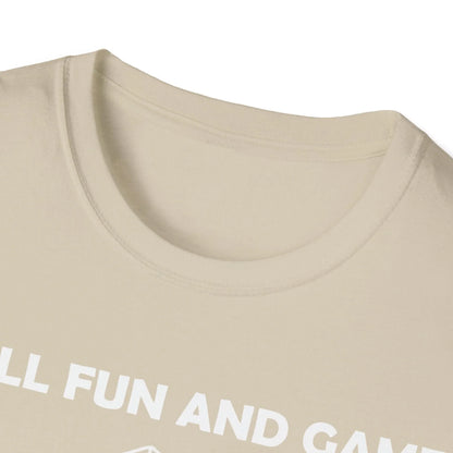 Close-up of the white unisex softstyle fabric showing subtle texture and reinforced double-stitched neckline detail.