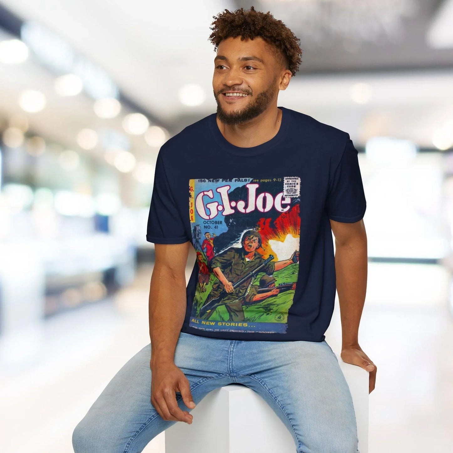 Close-up of the G.I. Joe No.41 softstyle T-shirt's neckline, highlighting the crew neck stitching and smooth cotton fabric