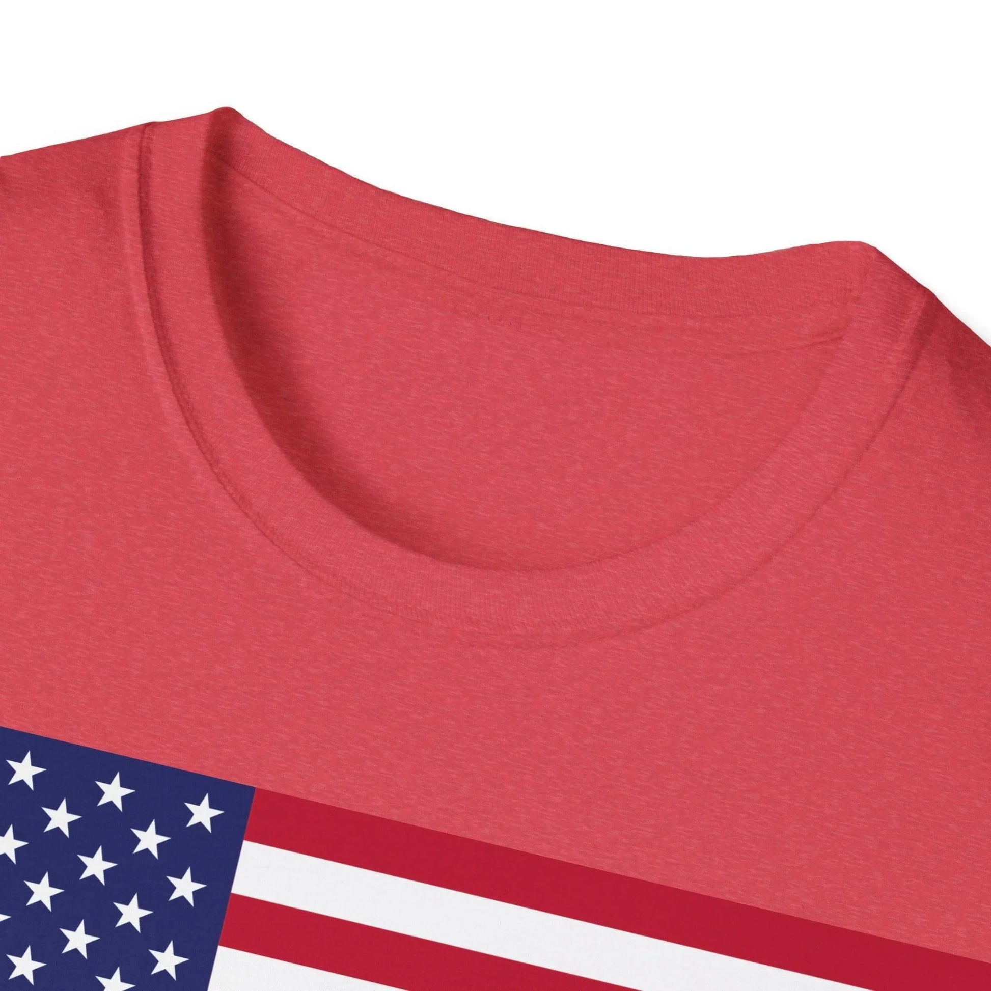 Close-up of the American Flag Heartbeat design on unisex softstyle fabric, showcasing vibrant colors and detailed graphic