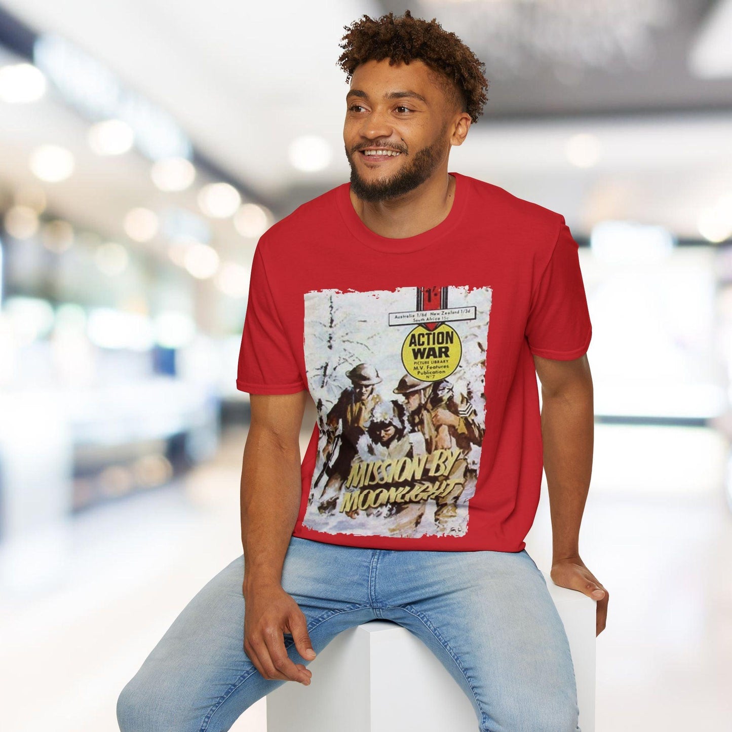 Close-up of the unisex softstyle fabric showing subtle heather texture and relaxed fit neckline from a slightly angled