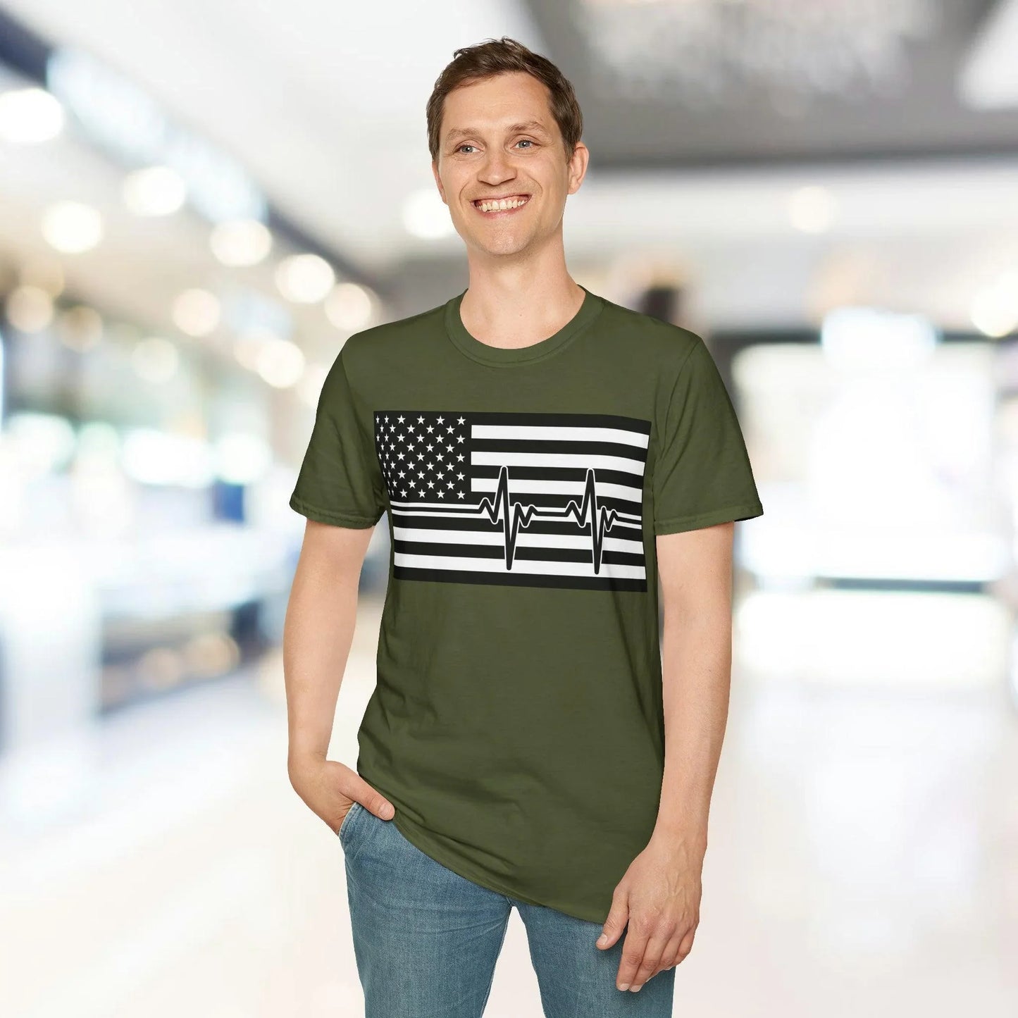 Close-up of the black and white American Flag heartbeat print on the chest, showcasing the graphic detail and textured