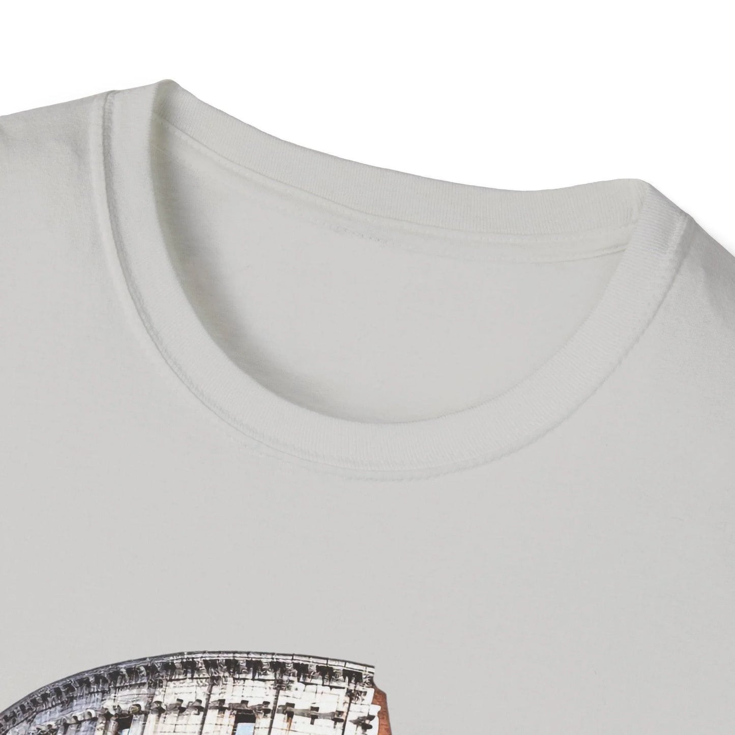 Close-up of the unisex softstyle T-shirt's smooth cotton fabric and relaxed fit, showcasing subtle heather gray color and