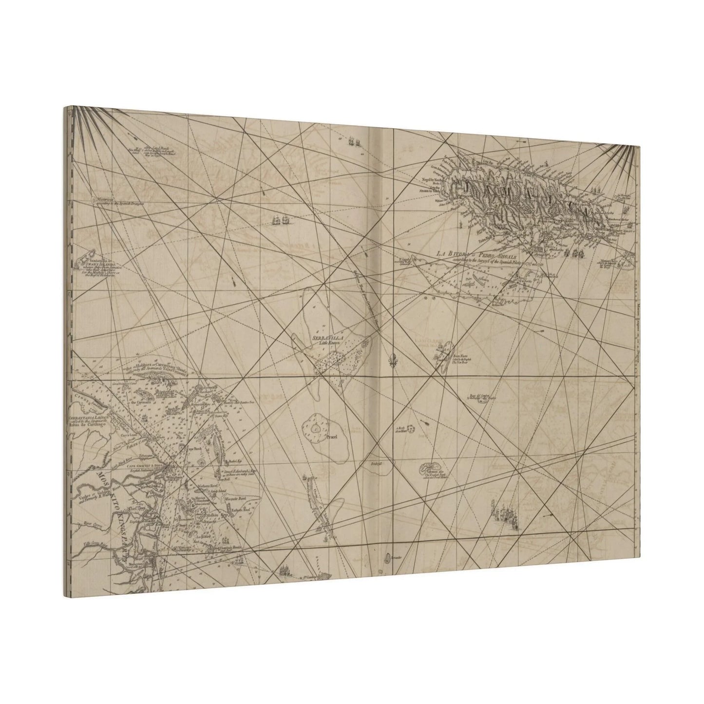 Close-up of the canvas featuring detailed map labels and textured fabric weave from Jamaica and Cape Gracias a Rios scene