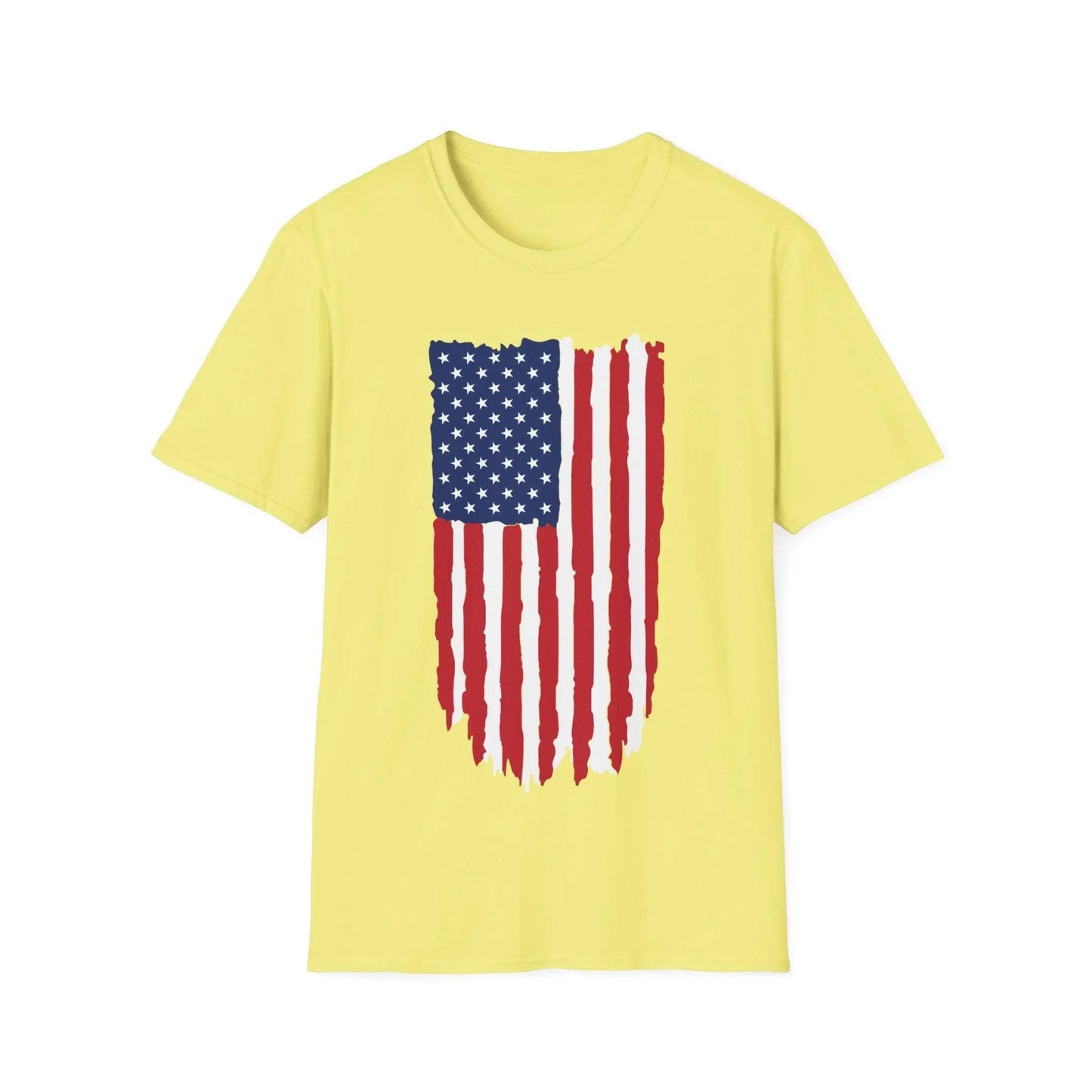 Close-up of distressed vertical American flag print on soft cotton fabric, highlighting faded colors and textured detailing