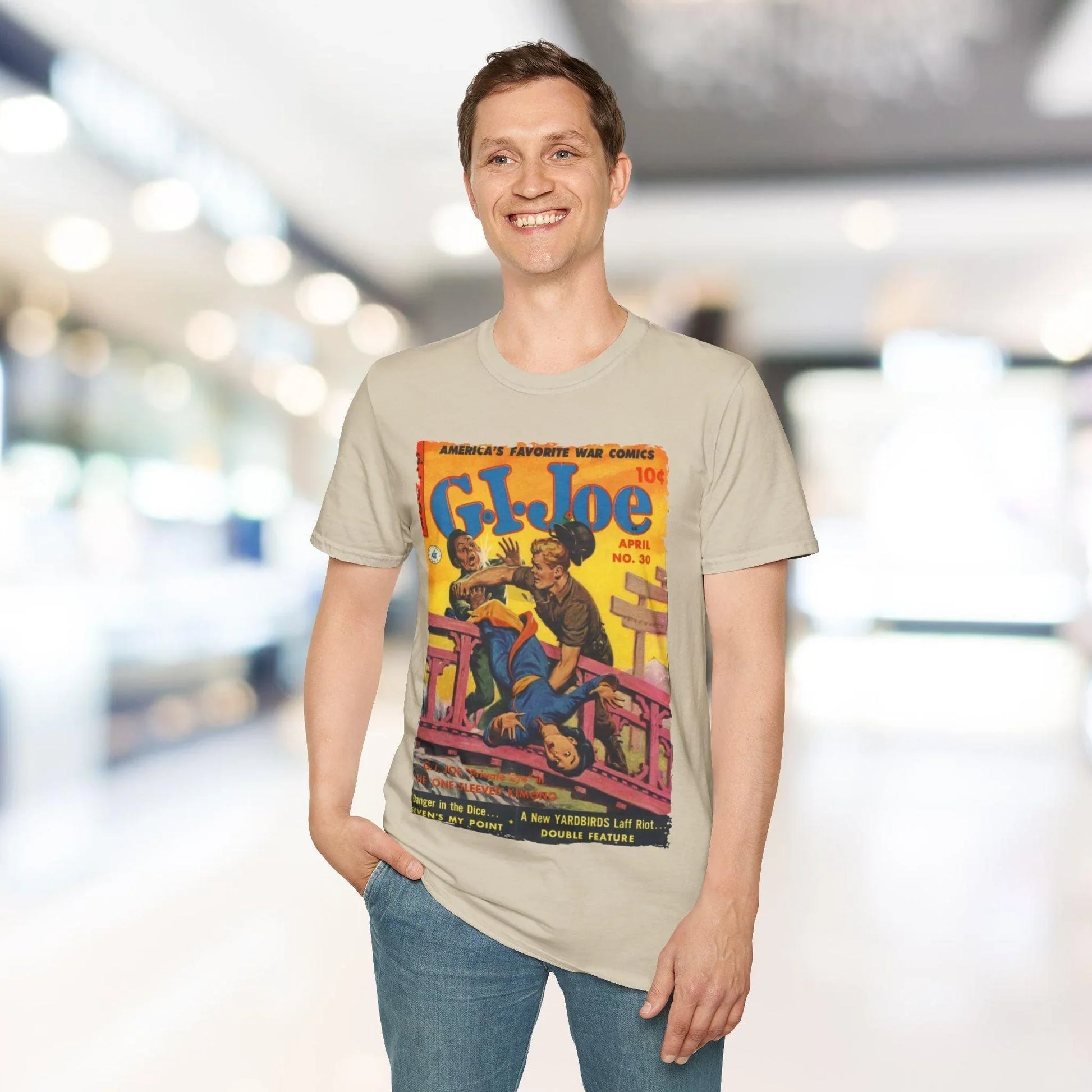 Close-up of the G.I. Joe No.30 T-shirt fabric showing softly textured lavender jersey material and stitched neckline detail