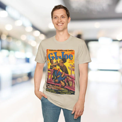 Close-up of the G.I. Joe No.30 T-shirt fabric showing softly textured lavender jersey material and stitched neckline detail