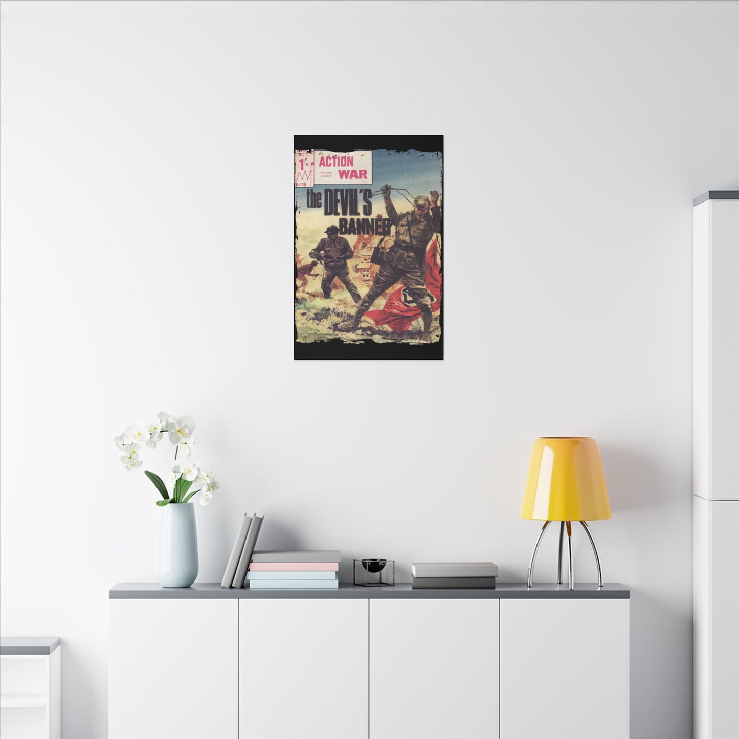 Close-up of the Canvas material’s textured surface and subtle stitching details along the edges of Action War #19 comic book