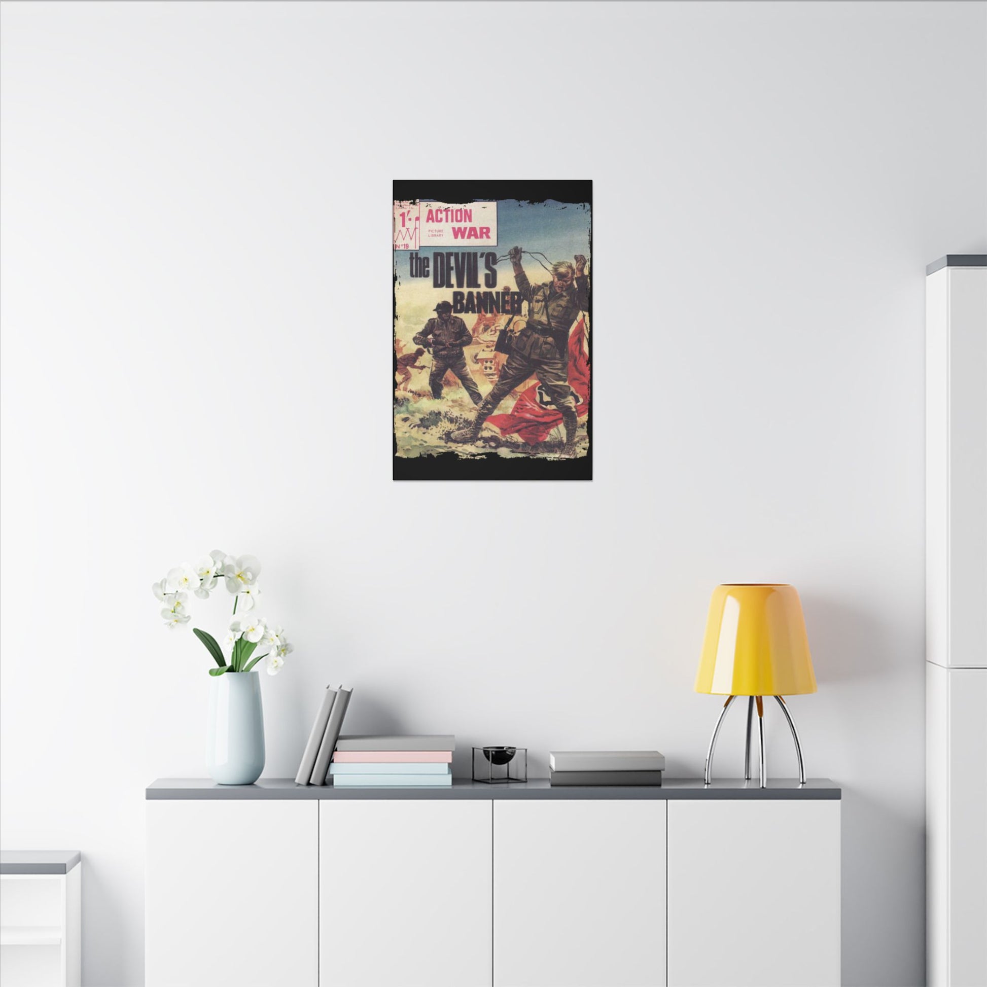 Close-up of the Canvas material’s textured surface and subtle stitching details along the edges of Action War #19 comic book