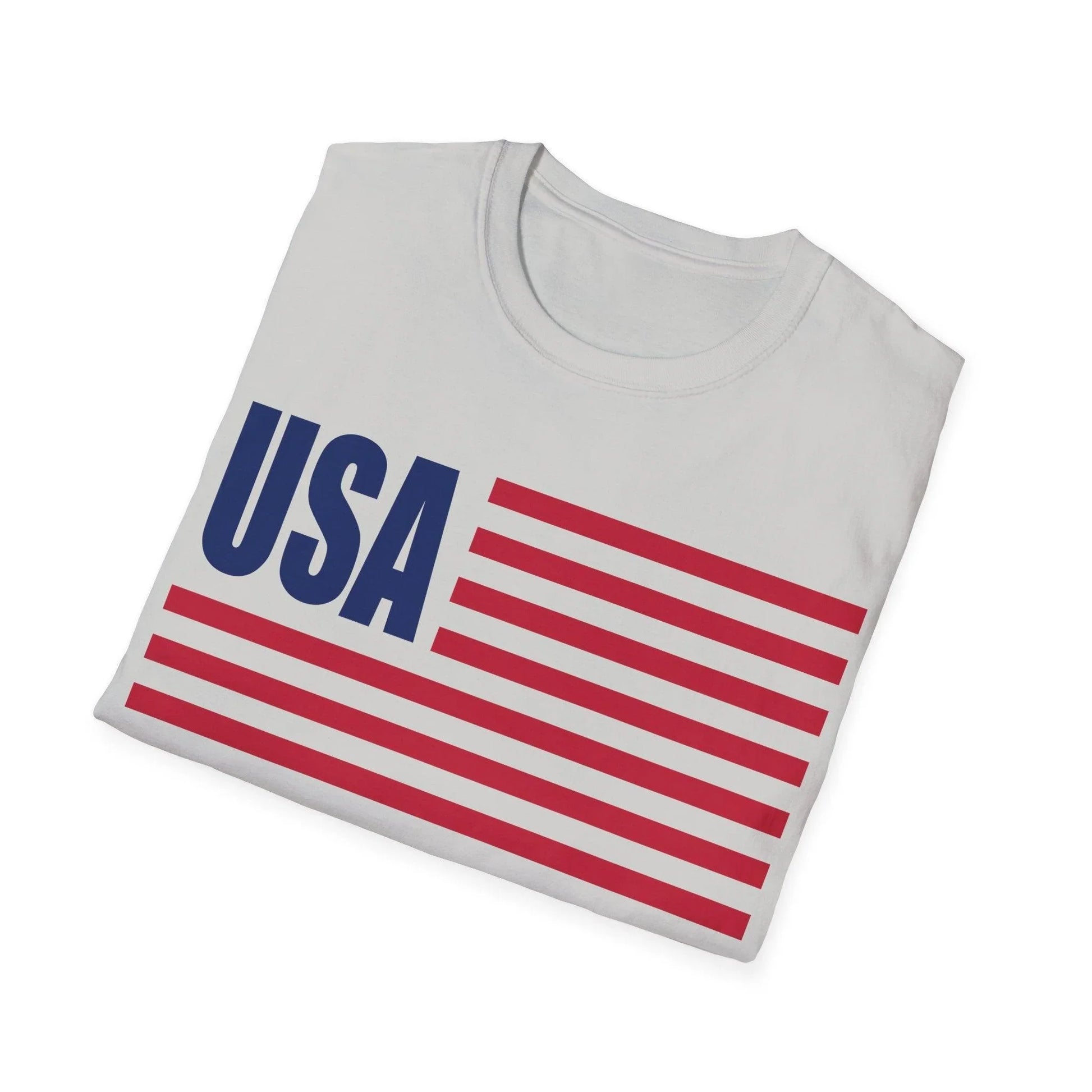 Close-up of the soft cotton fabric showcasing the vibrant American flag print and relaxed fit neckline on the T-shirt.