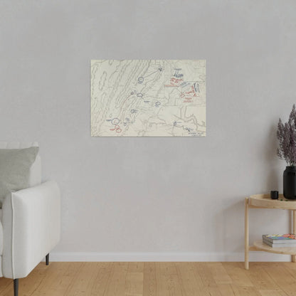 Close-up of canvas texture highlighting detailed brushwork and historical coloration of the Battle of Cross Keys scene.